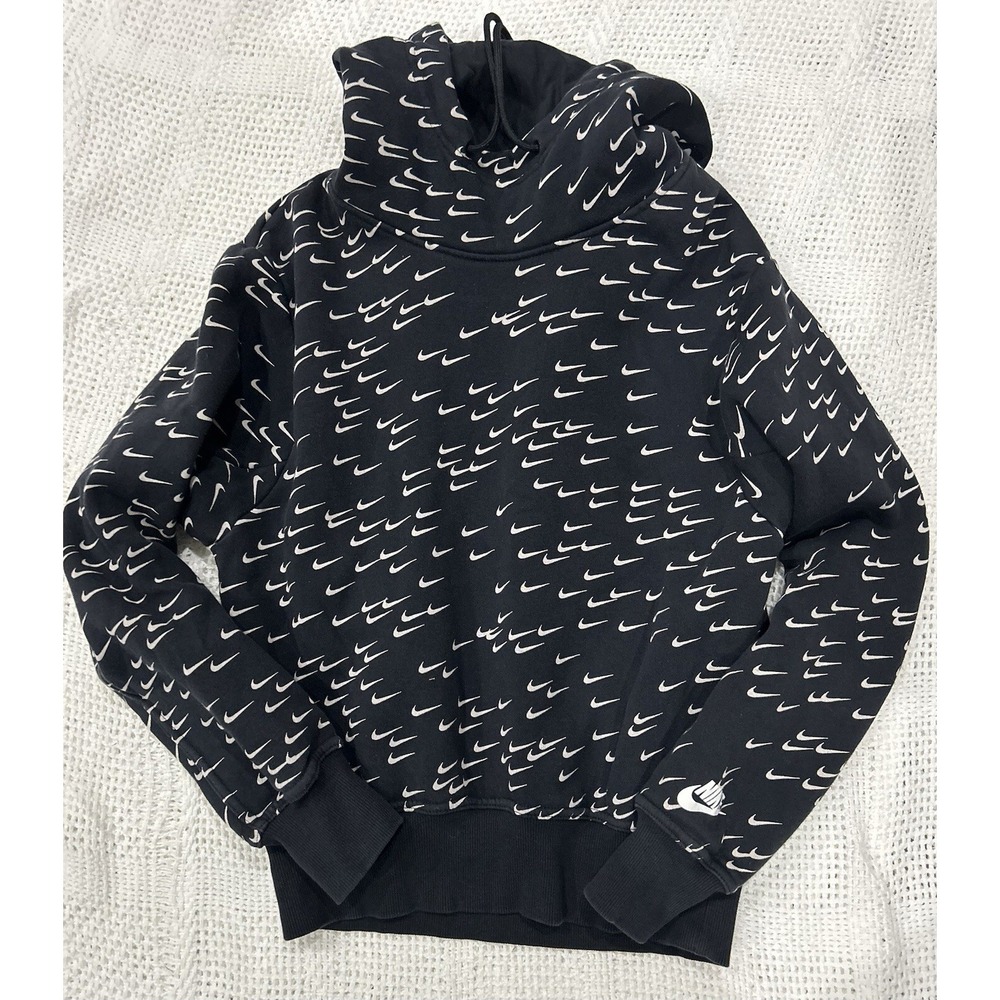 Nike Swoosh Hoodie Black‎ Womens Size S Logo Check All Over Print Y2K Grunge 90s